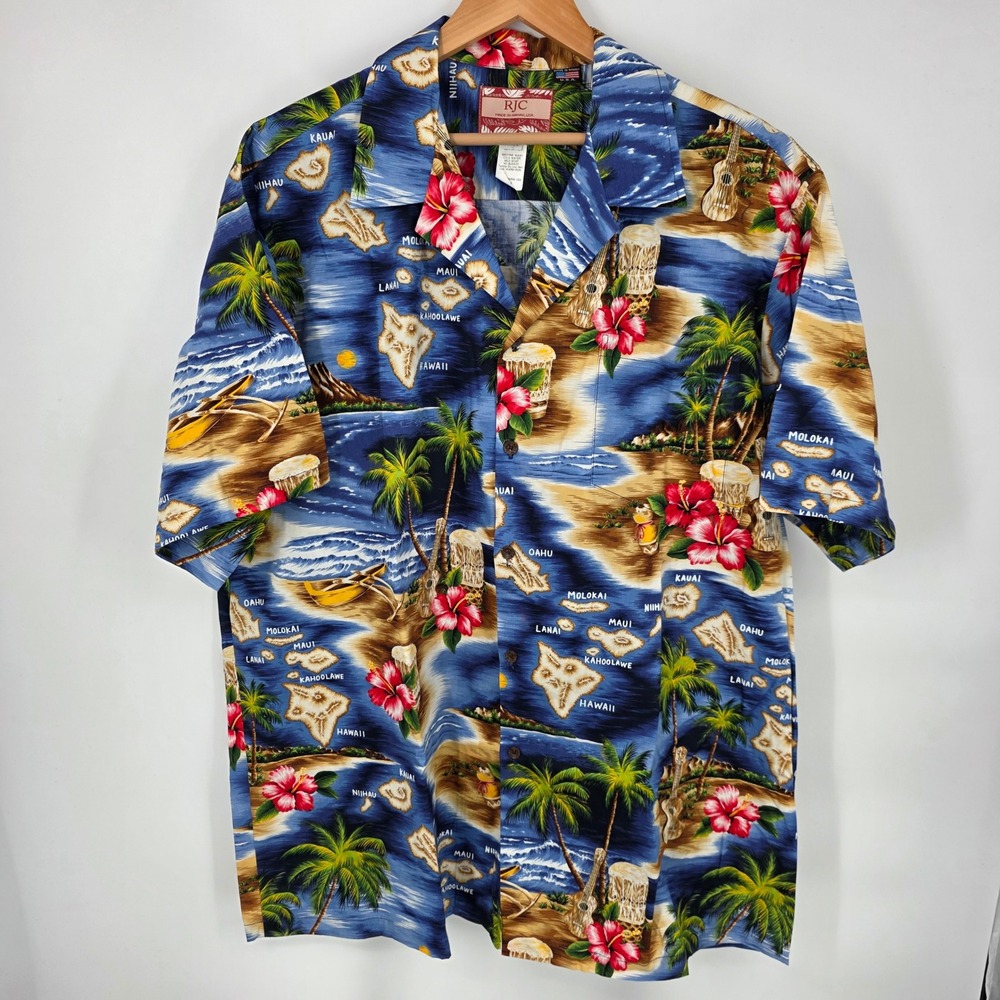 RJC Hawaiian Map Print Button Down Shirt Mens 2XL‎ Blue Tropical Hibiscus